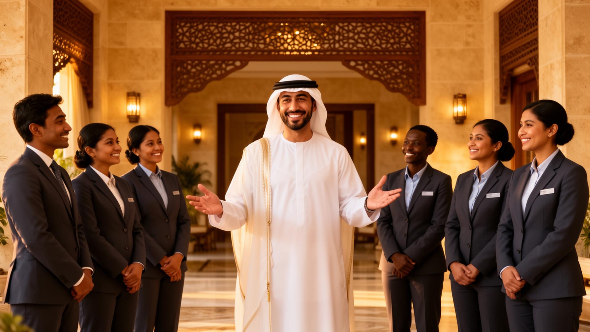 An Emirati sheikh in traditional dress briefing his diverse household staff