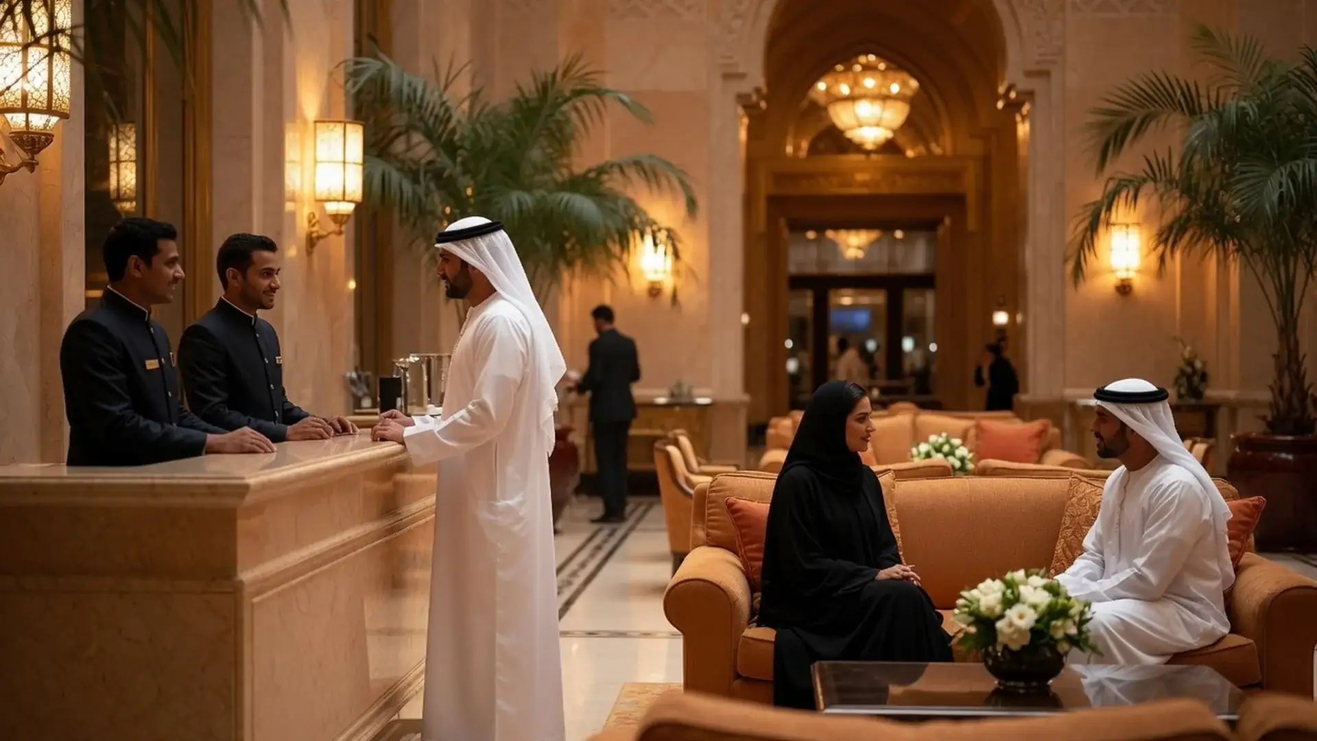 Emirati guests being welcomed at a luxury hotel reception