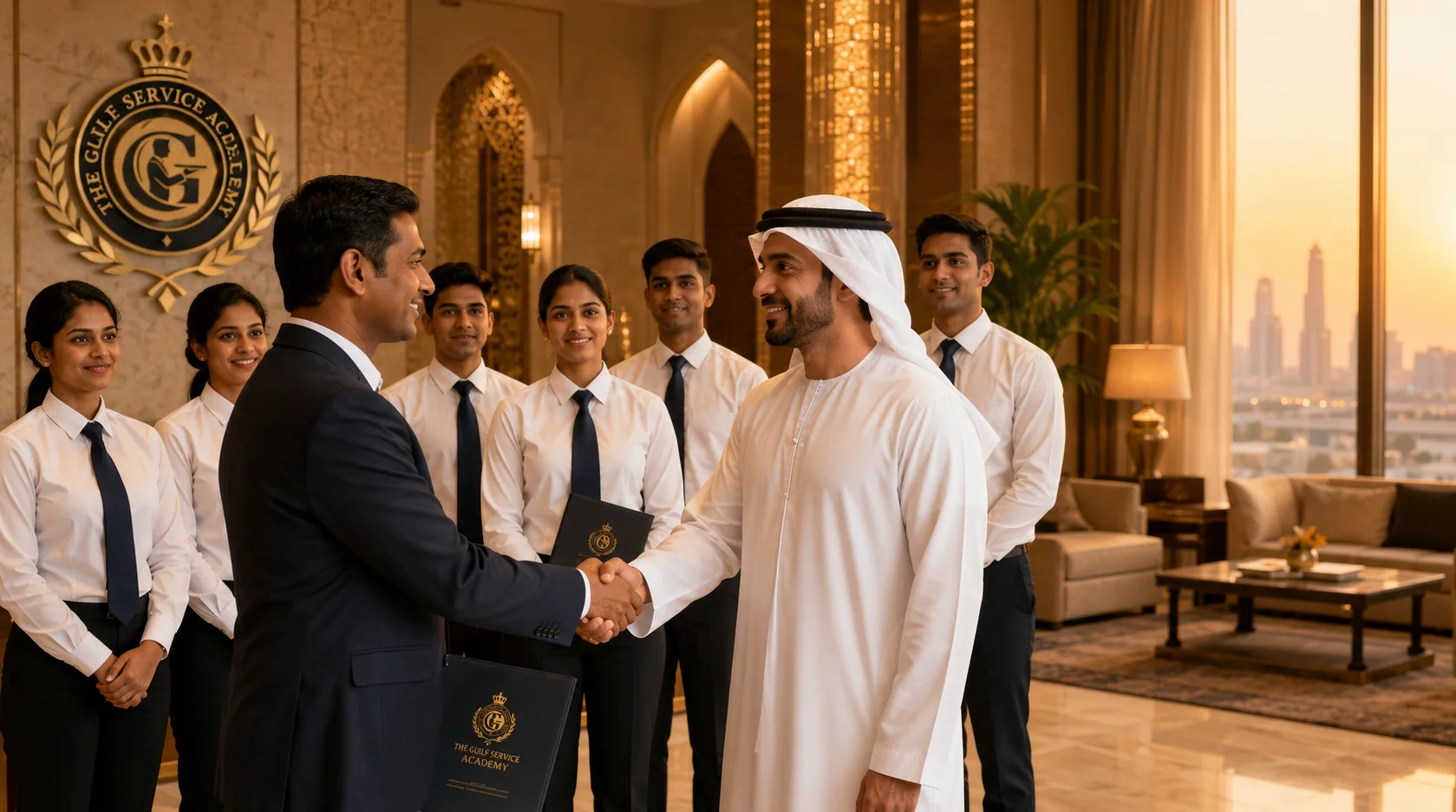 TGSA candidates meeting a Gulf employer in a luxury hotel lobby