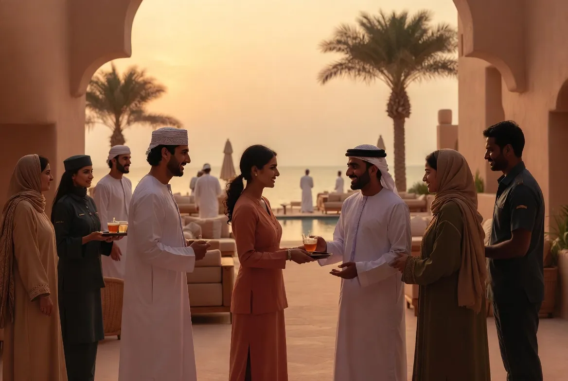 Hospitality staff gathering at a luxury Gulf resort