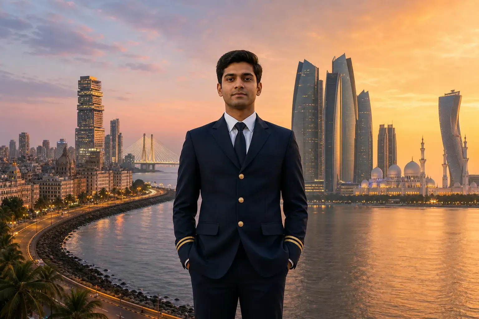 A young Indian professional in tailored service uniform standing between the Mumbai skyline at dawn and the Abu Dhabi skyline at sunset.